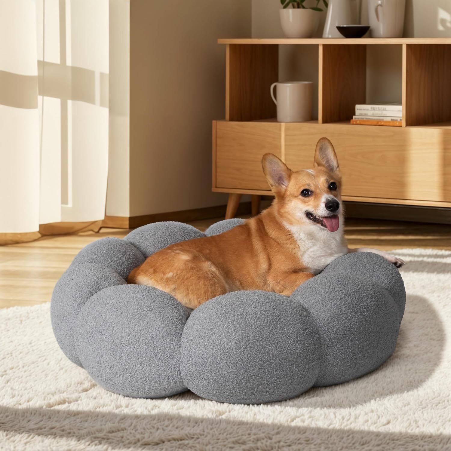 Flower Cat Dog Bed In Plush Teddy