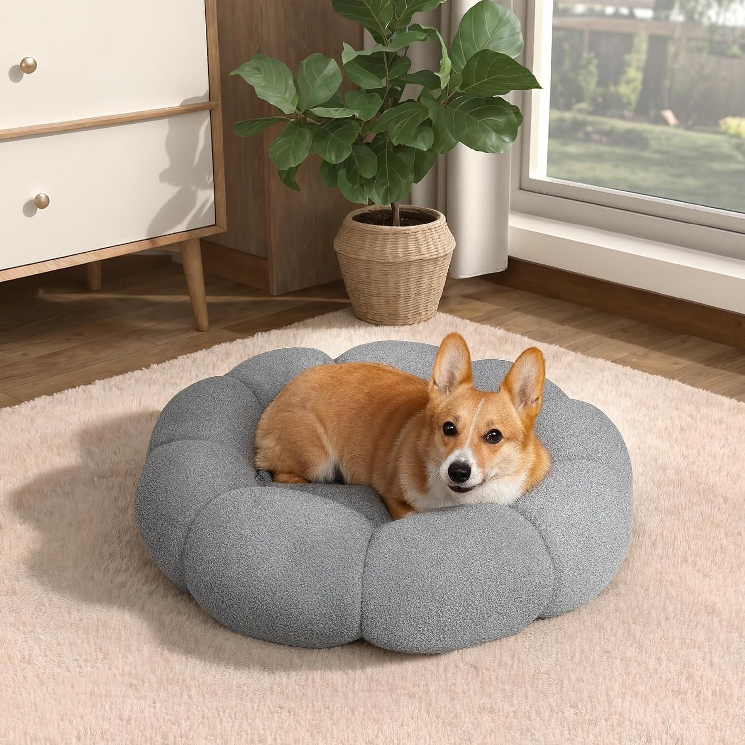 Flower Cat Dog Bed In Plush Teddy